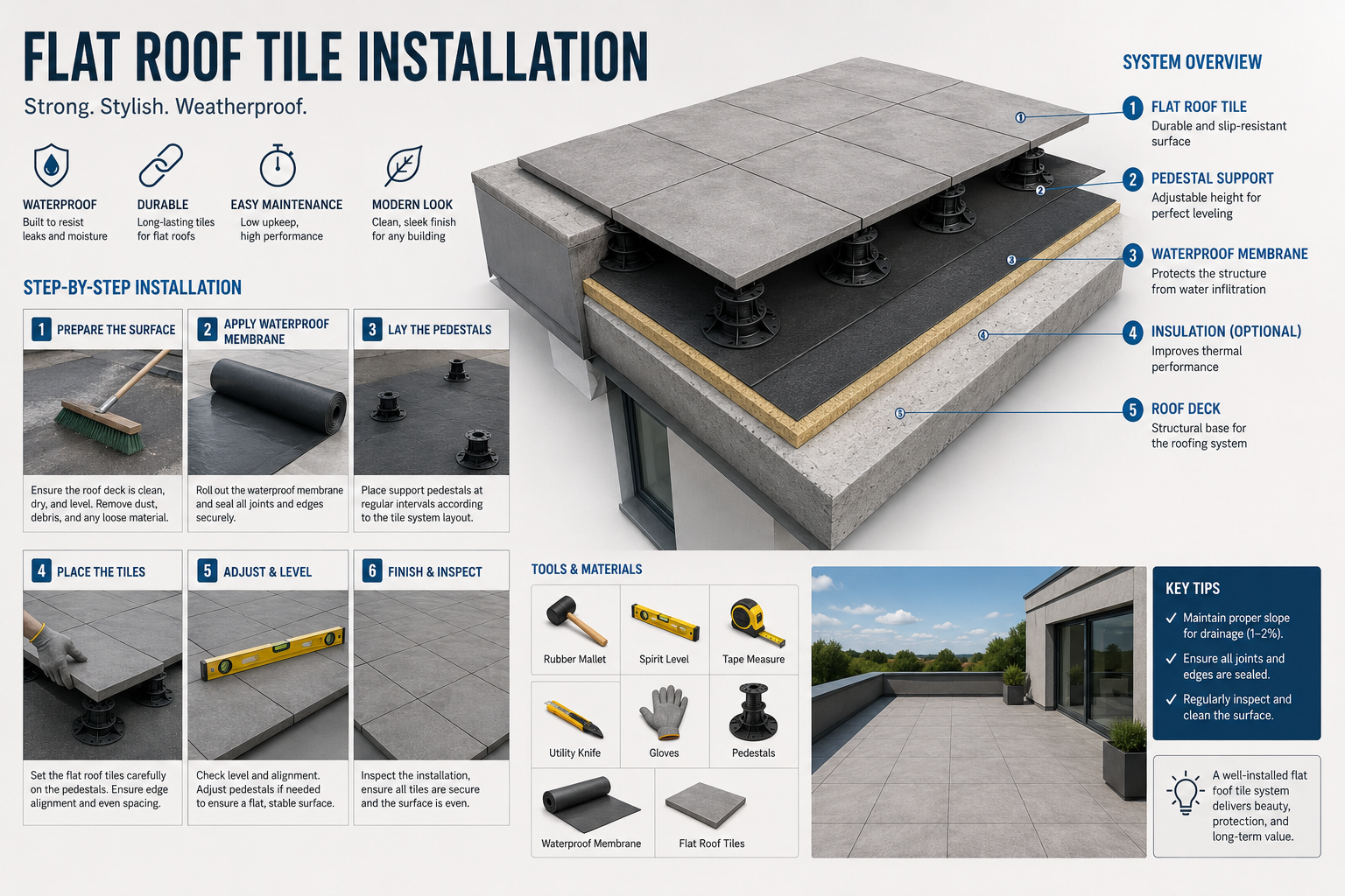Flat roof tile installation